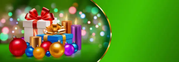 Vector illustration of Gift boxes, candles and balls