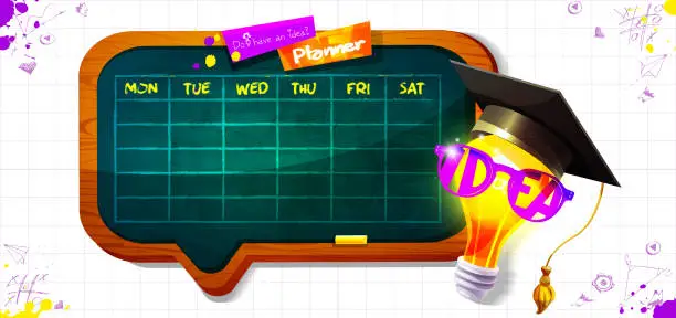 Vector illustration of Planning time and ideas in cartoon style. Anthropomorphic burning light bulb in graduation cap and glasses with chalkboard on white background with hand drawn drawings. Creative vector weekly planner with place for text.