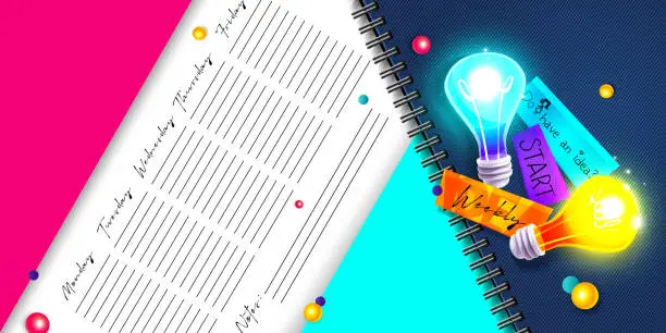 Vector illustration of Planning time and ideas in cartoon style. Burning light bulbs with motivational stickers on an abstract paper and denim background. Creative vector weekly planner with place for text.