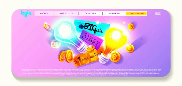 Vector illustration of Creative big discounts in cartoon style. Burning light bulbs with motivational stickers and gold coins on an abstract color background. Stylish web template with place for text.