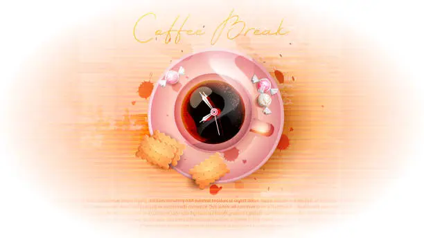 Vector illustration of Coffee break in cartoon style. Cup of coffee with a clock, cookies and sweets on an abstract pastel grunge background. Creative banner with place for text.