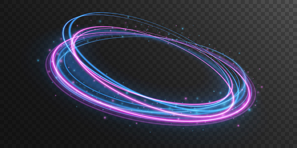 Abstract glowing neon rings with flying particles isolated on dark transparent background. A bright trail of light swirling in a spiral. Purple and blue flash. Vector illustration. EPS 10.