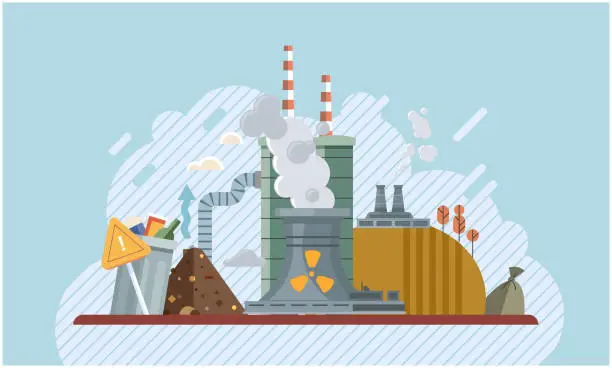 Vector illustration of Air, water and soil pollution by industrial production. Factory emitting smoke through chimneys