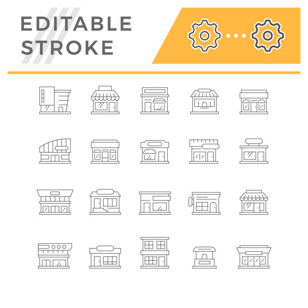Set line icons of shop building isolated on white. Mall, store, supermarket, boutique, restaurant, small business. Editable stroke. Vector illustration