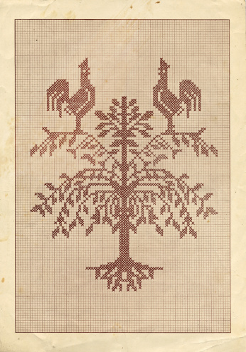 This antique embroidery model shows an arborvitaes (tree of life) with cockerels sitting on the branches. Symbol of the fertility and the conjugal blessing. High resolution scan.