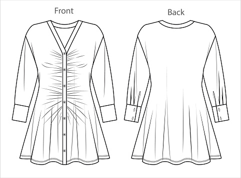 Vector long sleeve mini dress fashion CAD, woman Vneck shirt dress dress with gathering technical drawing, template, flat, sketch. Jersey or woven fabric short dress with front, back view, white color