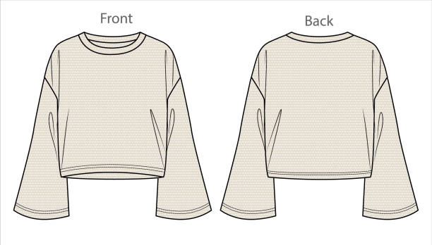 Vector long sleeved oversized top fashion Vector long sleeved oversized top fashion CAD, woman boxy shape round neck with bell sleeves sweatshirt technical drawing, template, mock up, flat. Mesh sweater with front, back view, white color bell sleeve stock illustrations