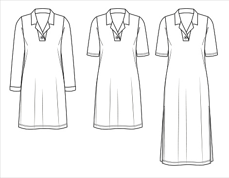 Vector shirt dress set technical drawing, short summer dress with side slit fashion CAD, women long sleeve dress with V-neck sketch, template. Jersey or woven fabric dress with front, back view, white