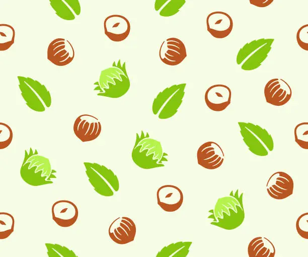Vector illustration of Hazelnut, cobnut, filbert, nut, leaves and plant, seamless vector background, pattern. Nutty, food, meal, nature, fruit, kernel, eating and eat, vector design and illustration