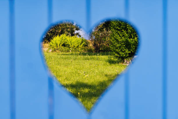 look through a heart shaped hole at a garden gate with focus on the background
