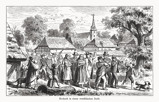 Wedding in a Westphalian village, Germany. Nostalgic scene from the past. Wood engraving after a drawing by Hermann Ludwig Heubner (German painter, 1843 - 1915), published in 1894.
