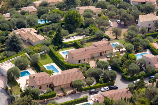 Aerial view of suburban villas of Monte Carlo on the French Riviera where a swimming pool is almost obligatory..