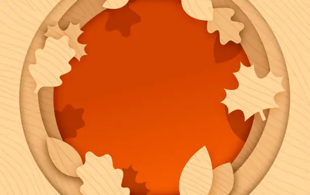 Vector illustration of Autumn Fall Leaf Wood Grain Frame Circle Background with Copy Space