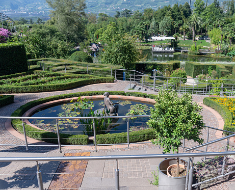 Merano,Italy - 11 August 2023: View of the Trauttmansdorff Gardens in Merano -Sud Tyrol -  Italy