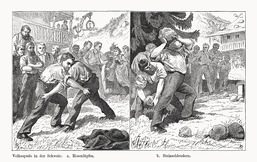 Folk games in Switzerland: a) Hosenlüpfen (Swiss wrestling); b) Steinschleudern (throwing stones). Nostalgic scenes from the past. Wood engraving, published in 1894.