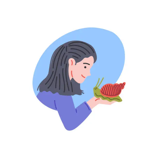 Vector illustration of Young woman holding achatina snail and smiling, cartoon happy owner of exotic domestic pet reptile vector illustration