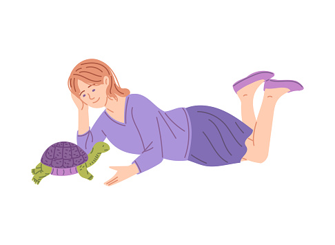 Pet lover plays with exotic turtle as with pet animal, cartoon flat vector illustration isolated on white background. Keeping and caring for exotic pets and reptiles.
