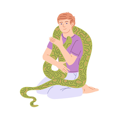 Pet lover keeps a snake reptile animal at home, cartoon flat vector illustration isolated on white background. Man character hugs a large tamed python.