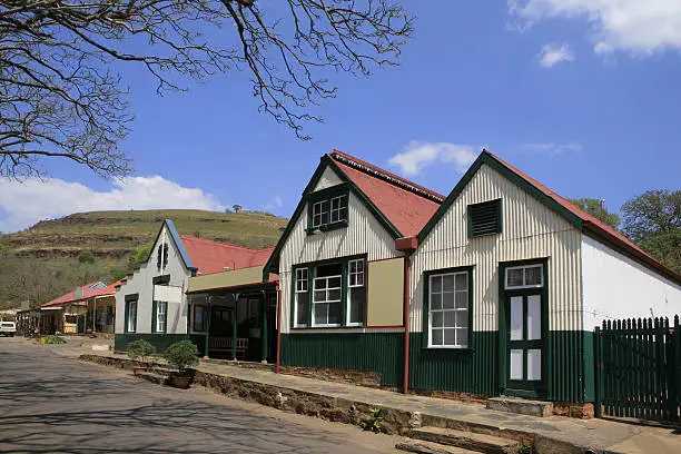 "The main street running through the old, historic, gold mining town of Pilgrims Rest in Mpumalanga province, South Africa. The original old buildings still stand. This has become a popular tourist destination for visitors to the area."