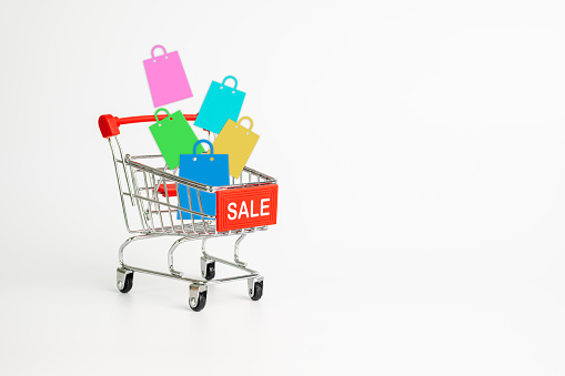 Online Shopping Cart Sale isolated on white background.E Commerce and Shopping online concept.