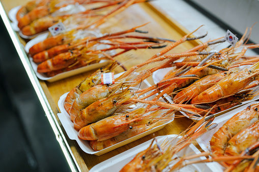 King shrimps  on night market in Bangkok