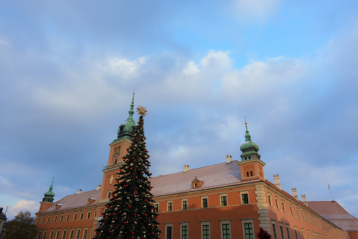 Christmas tree  standing on town square in European town