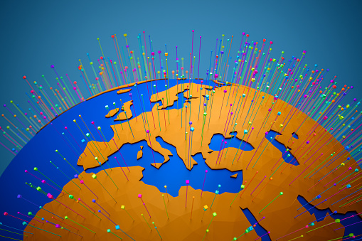 Stylized map of the world, dotted with vibrant pins symbolizing global connections or data points.