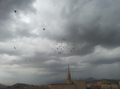 Pigeons flying near the minaret of a mosque in a dramatic gray sky full of clouds, a scene with rain in the city of Al-Hajara