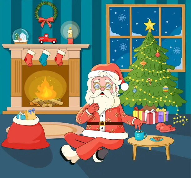 Vector illustration of Cartoon Hippie Santa Claus sitting on floor in decorated room with Fireplace, Christmas Tree and Gifts. Nostalgic Christmas Eve. New Year vintage card.