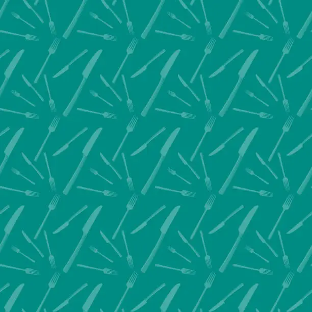 Vector illustration of Seamless pattern on aquamarine background consisting of randomly arranged images of a fork and a knife