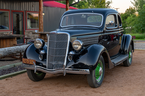 Battle Lake, Minnesota, USA July 23, 2022 Vintage car, classic American car on a Summer evening in rural Minnesota, United States.