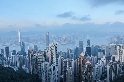 Hong Kong city skyline, Victoria harbour, view from Victoria Peak