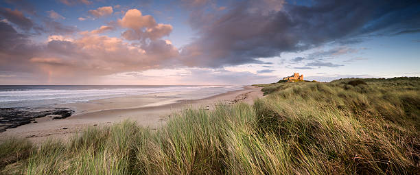 夕暮れ時のバンバラ城 - castle bamburgh english culture old ストックフォトと画像