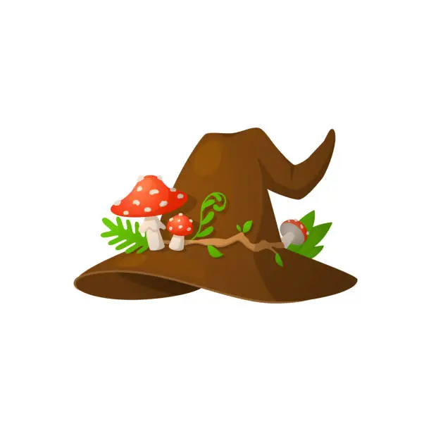 Vector illustration of Brown witch hat with fly agarics and leaves flat style, vector illustration