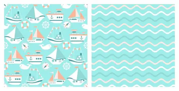 Vector illustration of Children's  maritime blue template. Seamless backgrounds.
Turquoise children's textures with ships. Set of cute textile prints. Children's pastel backgrounds for albums. Vector illustration