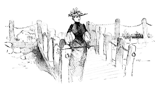A Victorian woman stands on a pier and looks out to sea.   Illustration published 1892. Original edition is from my own archives. Copyright has expired and is in Public Domain.