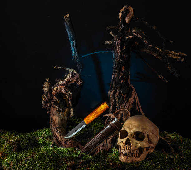 Composition with a hunting knife and moss. Knife and skull. Moss and wood.
