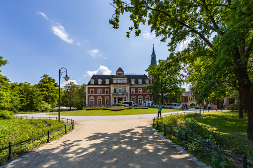 Curved panoramic view of the white Lund Univerity building, Lund, Sweden, August 17, 2023