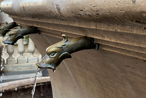 Decorative water outlets from the fountain at St. Peter's Basilica are a source of drinking water.