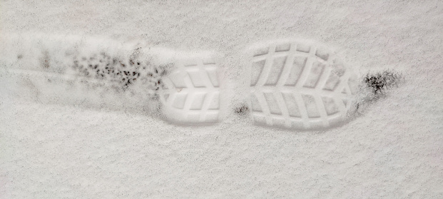 Steps on the first snow. Footprints in the snow. Children's footprints in the first snow.