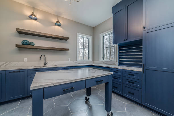 istock Large kitchen and pantry with blue and white colors 1761796491