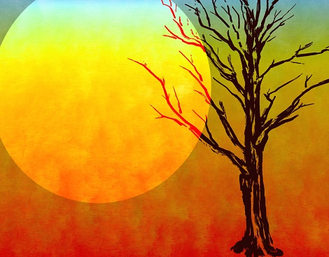 A withered tree on the background of a hot sun disk. Horizontal format