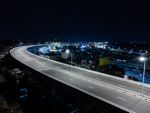 Drone View of Dhaka Elevated Expressway. Dhaka City Skyline Night View