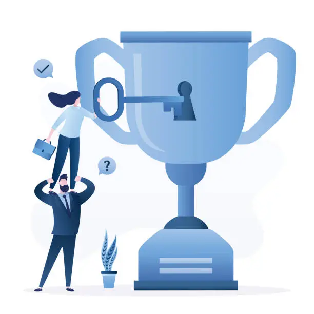 Vector illustration of Way to success. Teamwork, smart businessman help businesswoman unlock big champion cup. Winner mindset, opportunity to be winner, win or prize for successful entrepreneur.