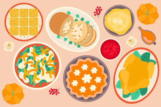 Vector illustration of Turkey, pumpkin pie, cranberry sauce, gravy, tofurky, pumpkin, cornbread, mashed potatoes, turkey and green bean casserole. Thanksgiving dinner concept