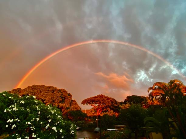 ein schwacher doppelter regenbogen wölbt sich über einem viel helleren regenbogen nach einem kurzen regenschauer auf der insel maui, hawaii. - hawaii inselgruppe stock-fotos und bilder