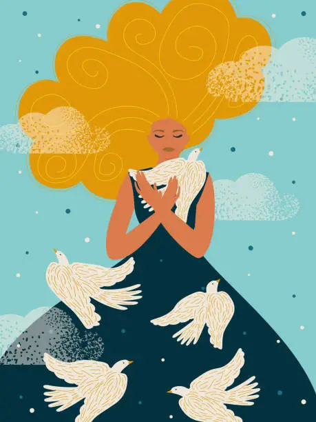 Vector illustration of Mental health concept. Woman with white birds in the clouds. Vector.