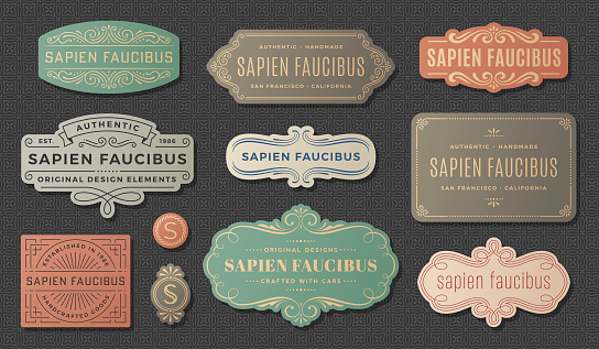 Vector illustration of modern vintage frames and labels on seamless pattern background. Collection of luxury labels and frames with ornate swirls.