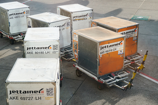 Various Airfreight Cargo Containers on the tarmac at Frankfurt Airport (FRA / EDDF) in Germany. The photo was taken on October 25, 2019.