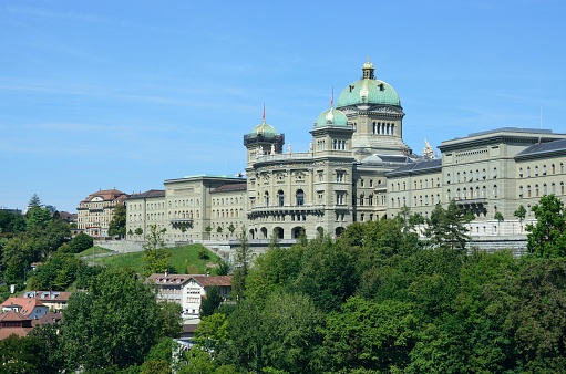 Bern, capital of Switzerland, built on a bend of the river Aar, with medieval architecture from the 12th century.